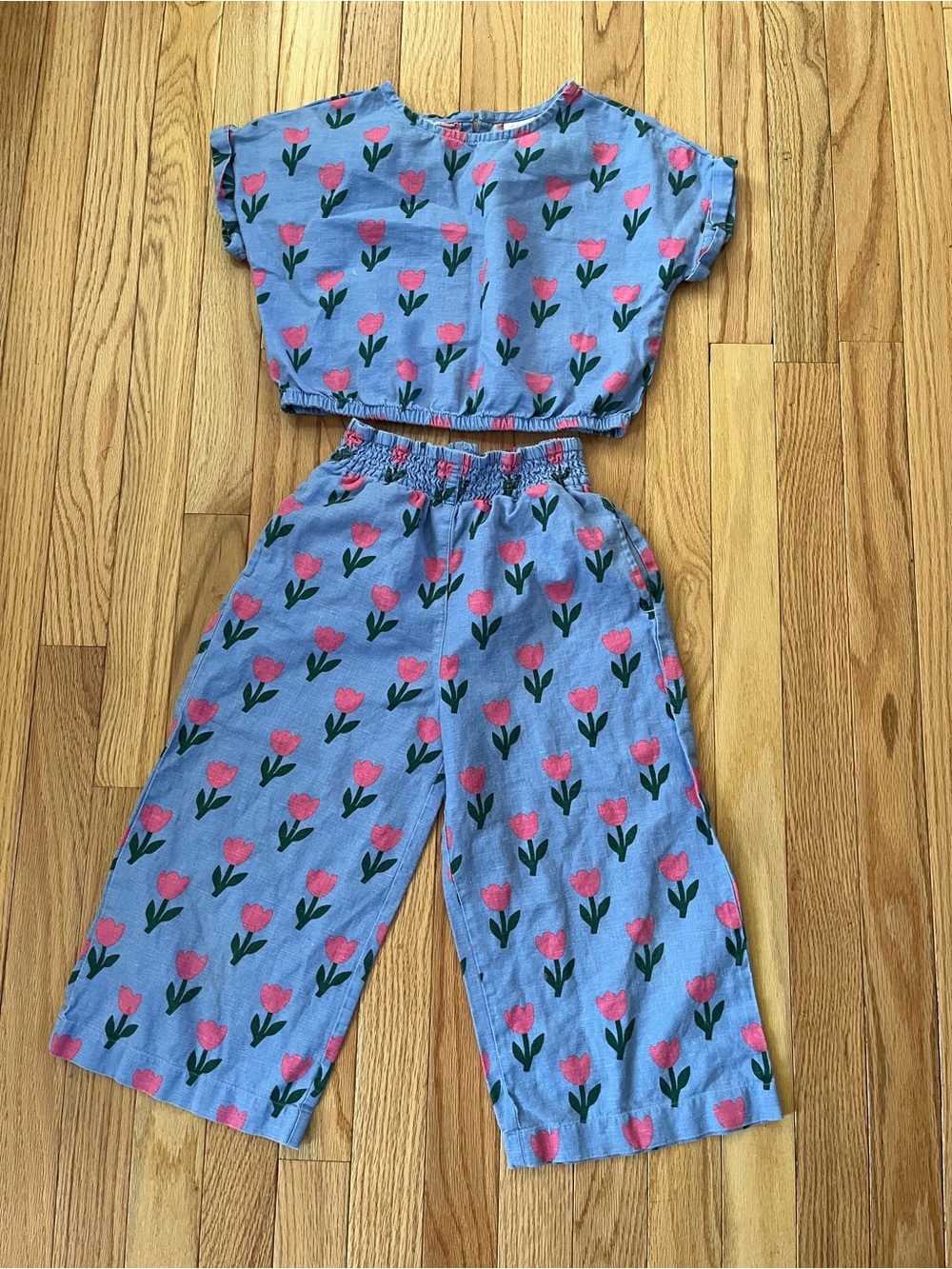 Hanna Andersson Blue Tulip Print Matching Set Girls 6 Cotton Linen Summer Beach